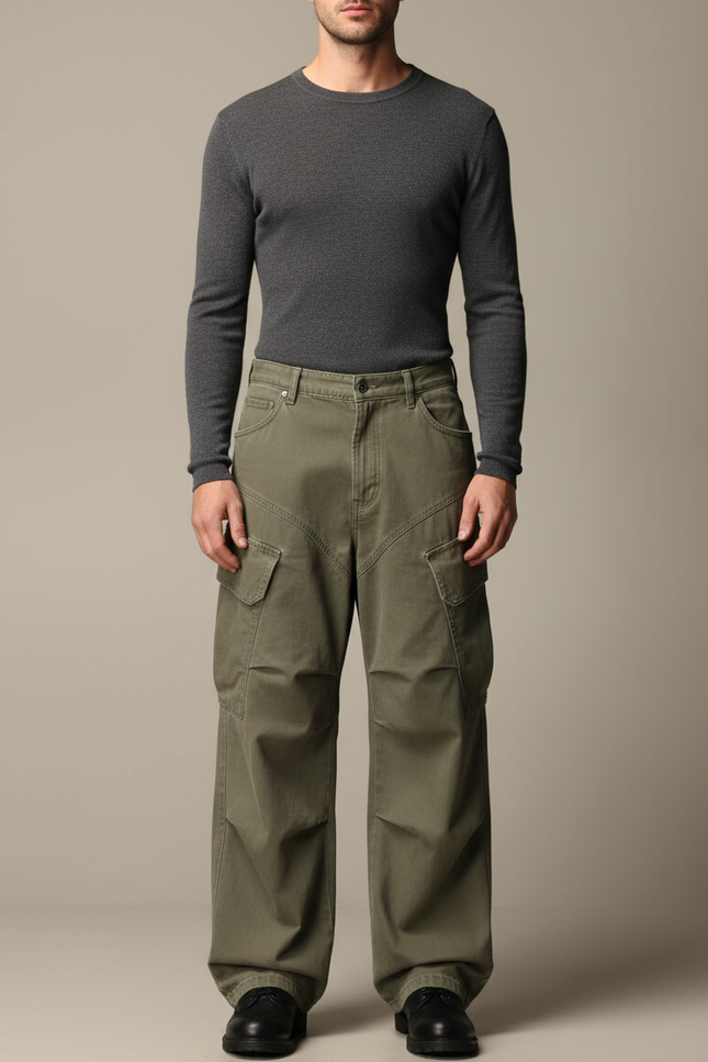 Pantalon Cargo Kaki Ample Décontracté Homme Multipoches - Toile