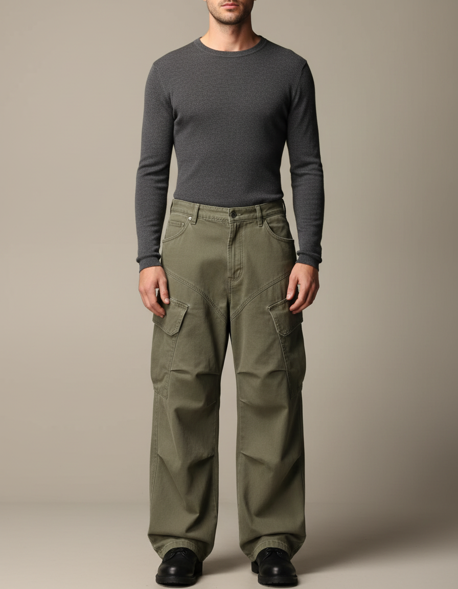 Pantalon Cargo Kaki Ample Décontracté Homme Multipoches - Toile