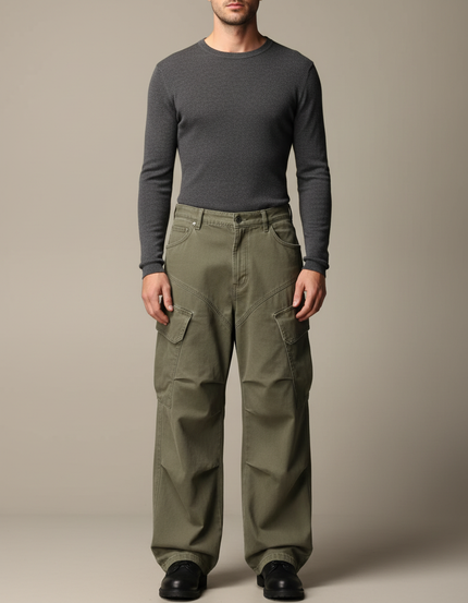 Pantalon Cargo Kaki Ample Décontracté Homme Multipoches - Toile