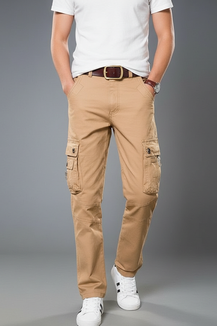 Pantalon Cargo Beige Coton Ample Multipoches Homme - Kaki Toile