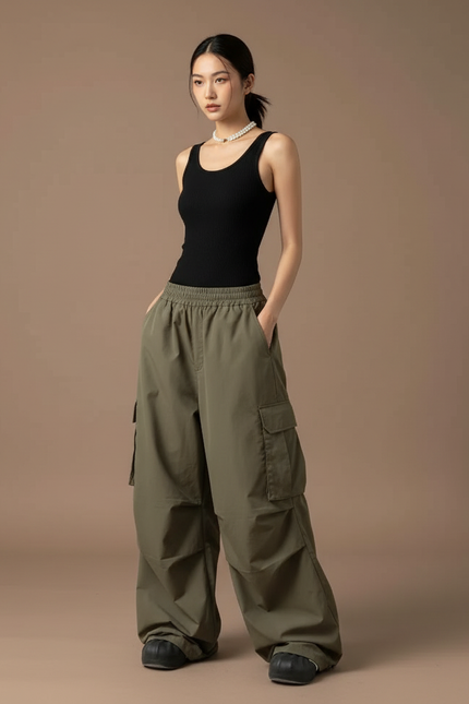 Pantalon Cargo Vert Ample Taille Haute Décontracté - Kaki Polyester