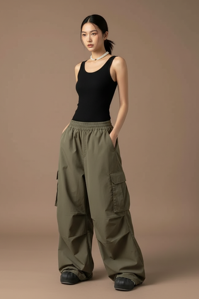 Pantalon Cargo Vert Ample Taille Haute Décontracté - Kaki Polyester