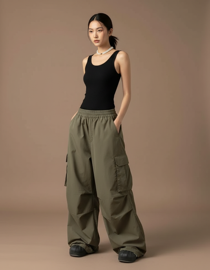 Pantalon Cargo Vert Ample Taille Haute Décontracté - Kaki Polyester