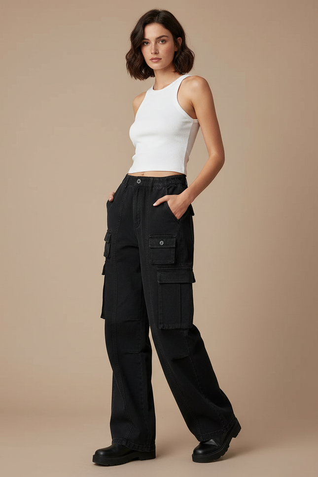 Pantalon Cargo Noir Large Poches Streetwear Femme - Jean