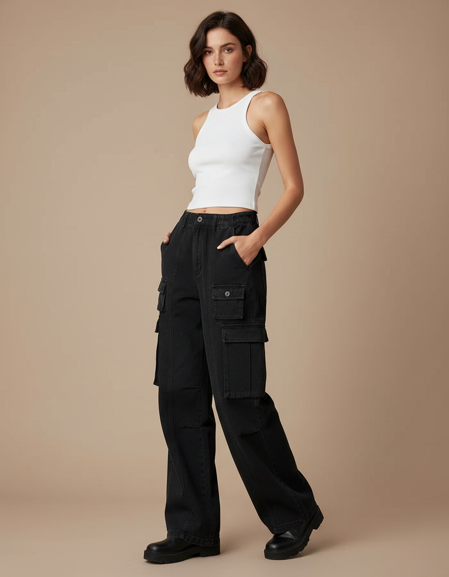 Pantalon Cargo Noir Large Poches Streetwear Femme - Jean