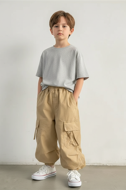 Pantalon Cargo Beige Ample Multipoches Décontracté Enfant Coton - Toile