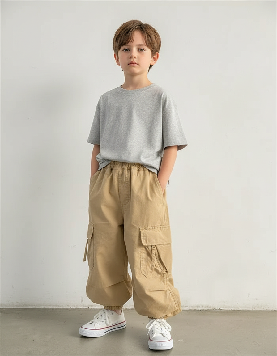 Pantalon Cargo Beige Ample Multipoches Décontracté Enfant Coton - Toile