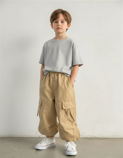 Pantalon Cargo Beige Ample Multipoches Décontracté Enfant Coton - Toile