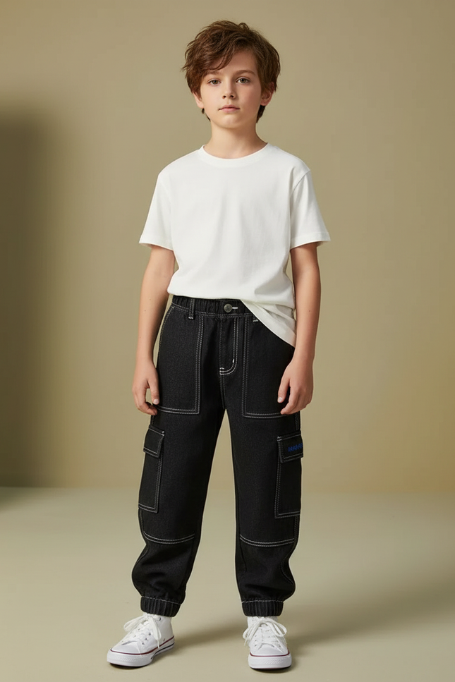 Pantalon Cargo Noir Denim Coton Ample Garçon - Jean