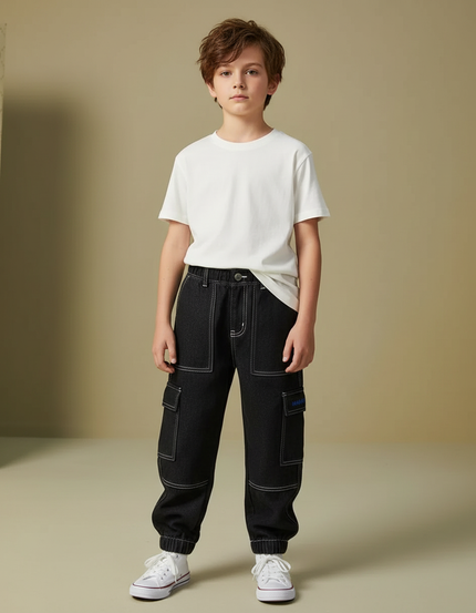 Pantalon Cargo Noir Denim Coton Ample Garçon - Jean