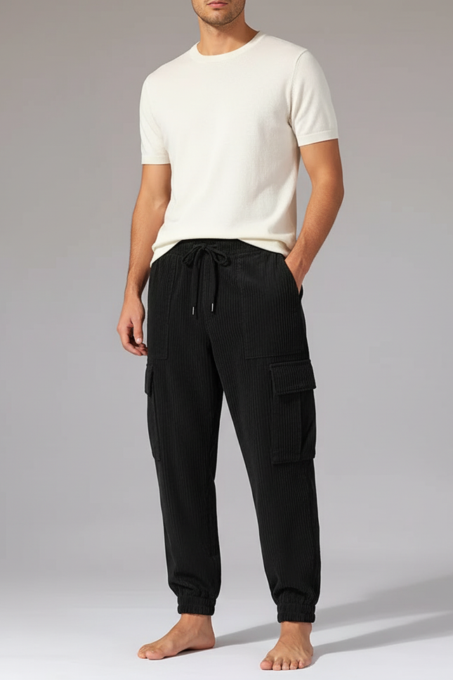 Pantalon Cargo Noir Côtelé Ample Cordon Homme - Cordé
