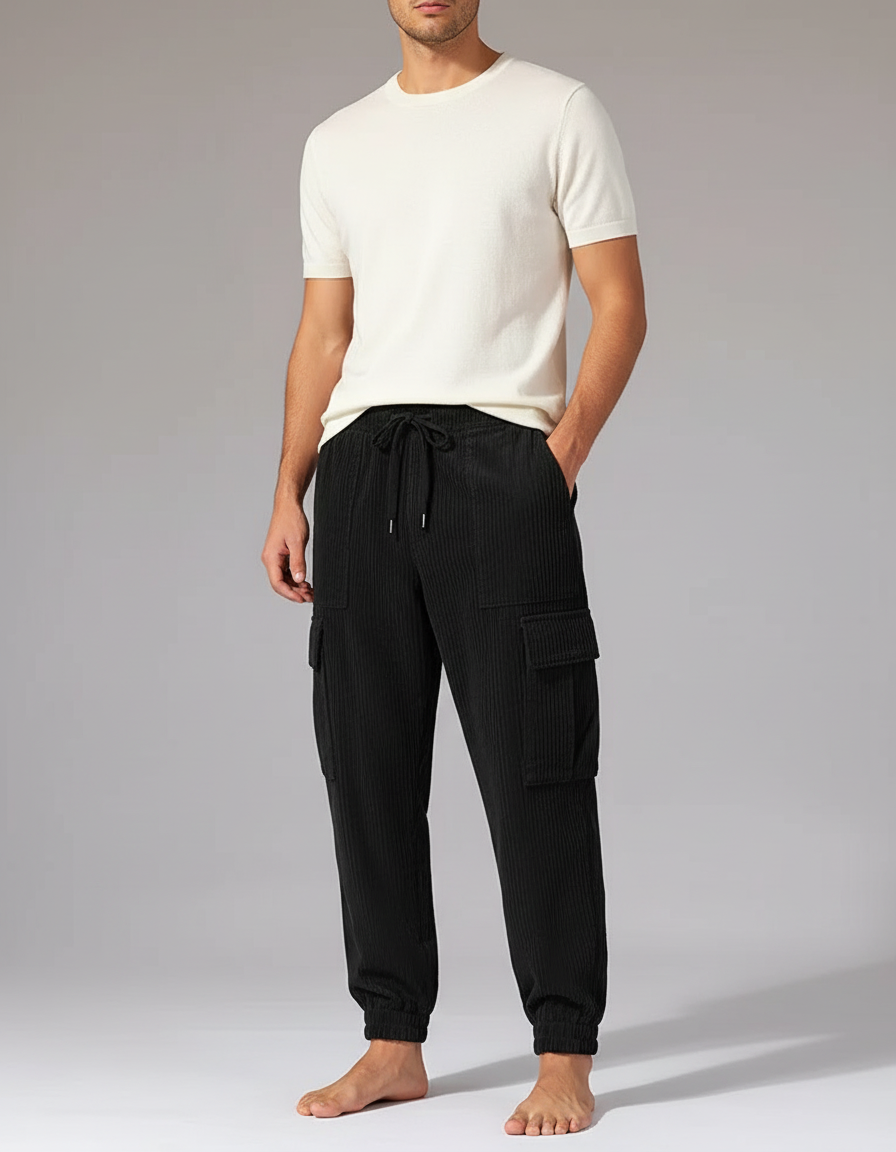 Pantalon Cargo Noir Côtelé Ample Cordon Homme - Cordé