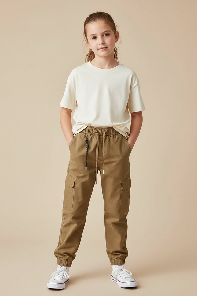 Pantalon Cargo Kaki Ample Coton Élastique Enfant