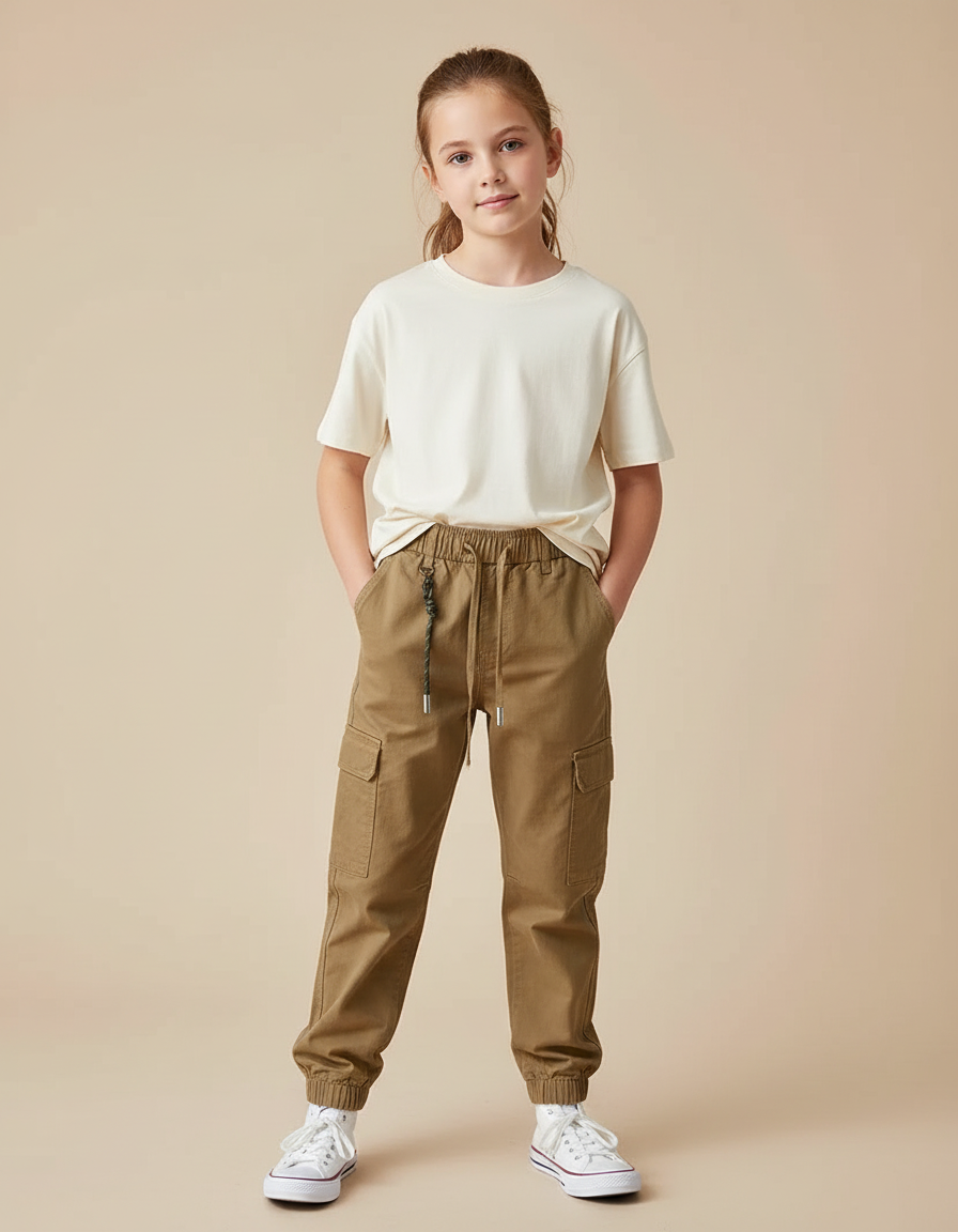 Pantalon Cargo Kaki Ample Coton Élastique Enfant