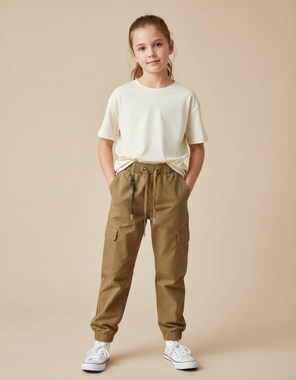 Pantalon Cargo Kaki Ample Coton Élastique Enfant