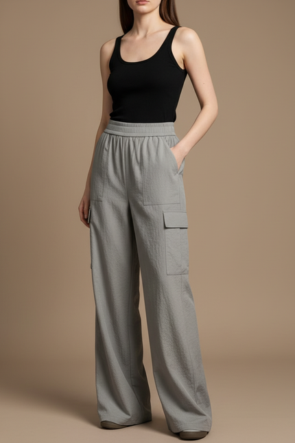 Pantalon Cargo Gris Ample Fluide Décontracté - Polyester