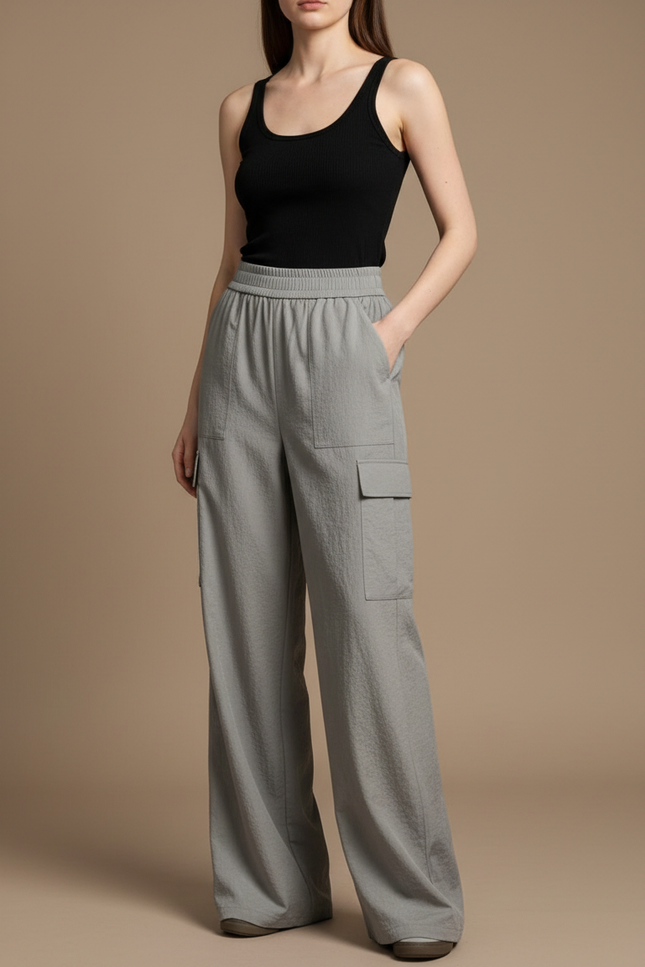 Pantalon Cargo Gris Ample Fluide Décontracté - Polyester