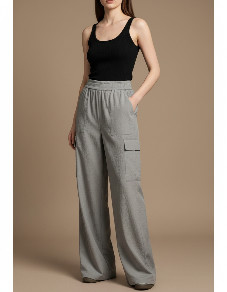 Pantalon Cargo Gris Ample Fluide Décontracté - Polyester