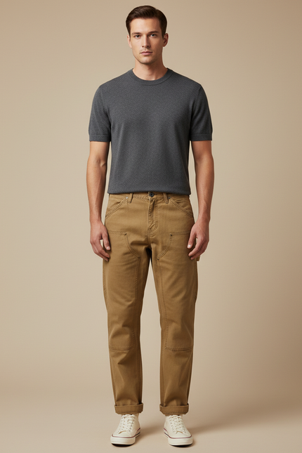 Pantalon Cargo Marron Coton Coupe Droite Homme - Toile
