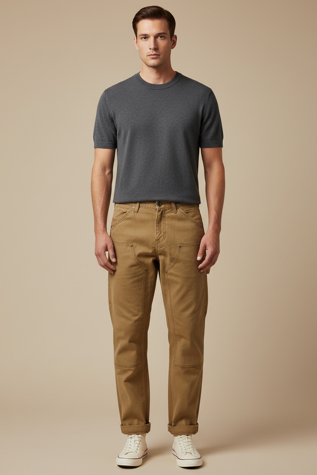 Pantalon Cargo Marron Coton Coupe Droite Homme - Toile