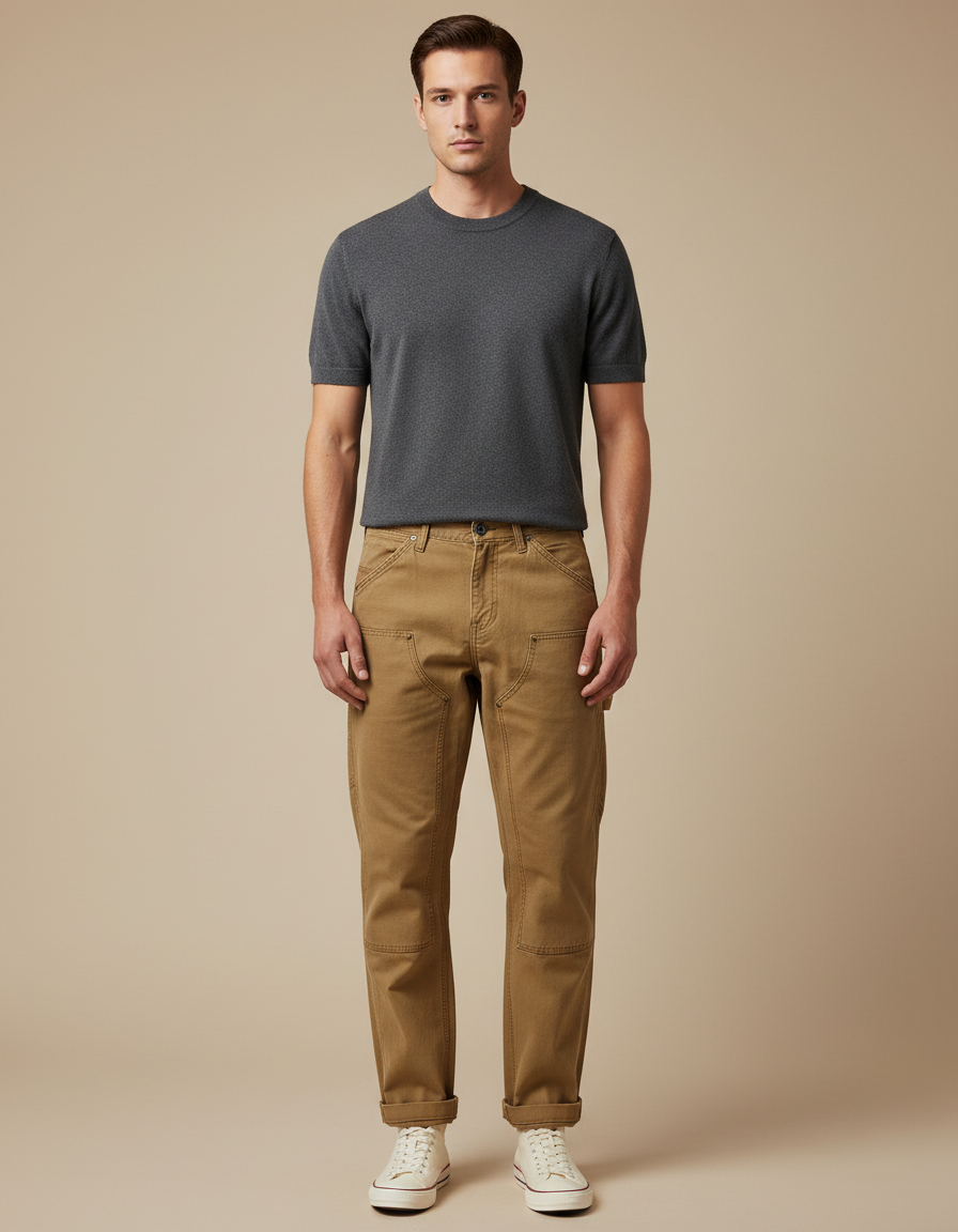 Pantalon Cargo Marron Coton Coupe Droite Homme - Toile