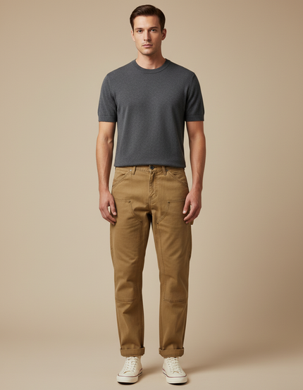 Pantalon Cargo Marron Coton Coupe Droite Homme - Toile