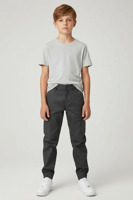 Pantalon Cargo Gris Anthracite Enfant Jogger Décontracté - Gabardine