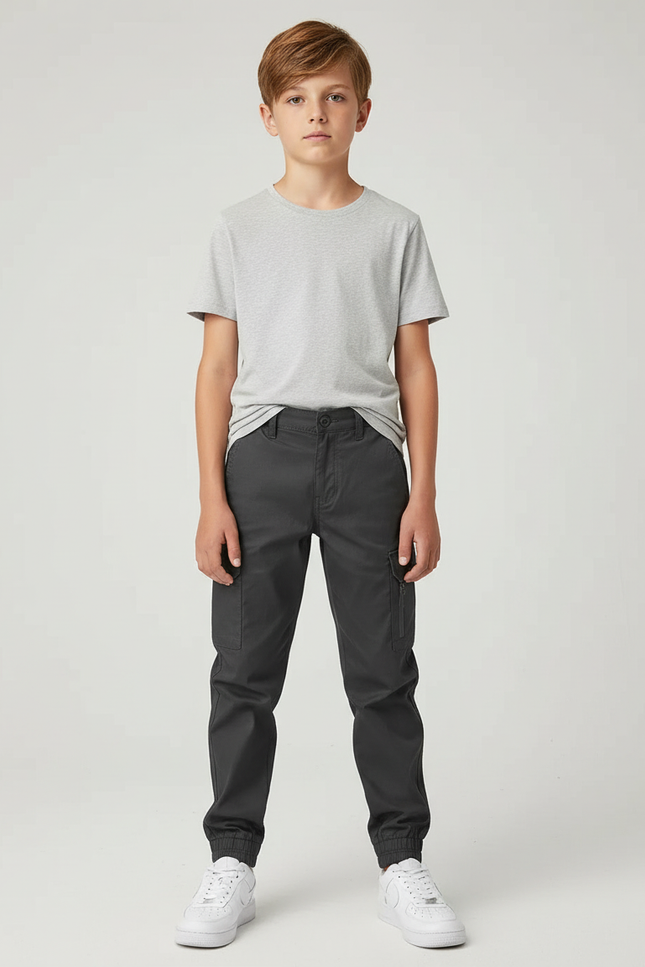 Pantalon Cargo Gris Anthracite Enfant Jogger Décontracté - Gabardine