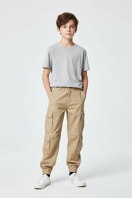 Pantalon Cargo Beige Enfant Coton Ample Multipoches