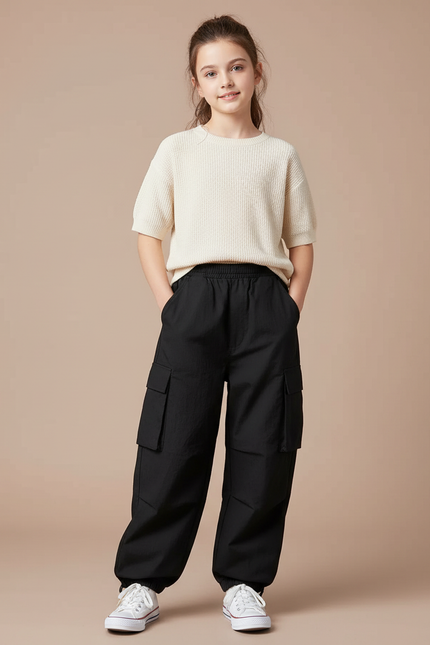 Pantalon Cargo Noir Fluide Multipoches Enfant - Polyester