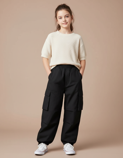 Pantalon Cargo Noir Fluide Multipoches Enfant - Polyester