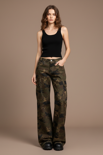 Pantalon Cargo Camouflage Ample Femme Taille Basse - Imprimé Toile