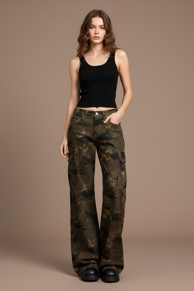 Pantalon Cargo Camouflage Ample Femme Taille Basse - Imprimé Toile
