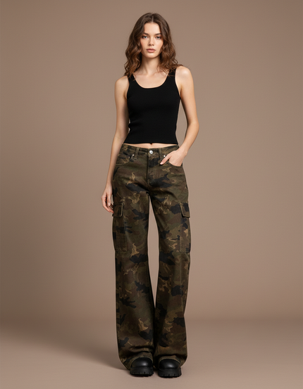 Pantalon Cargo Camouflage Ample Femme Taille Basse - Imprimé Toile