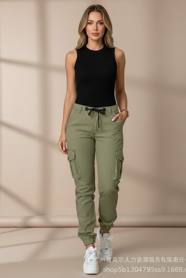 Pantalon Cargo Kaki Slim Multipoches Cordon Femme - Gabardine