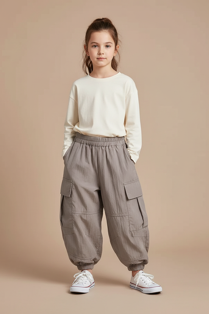 Pantalon Cargo Gris Ample Coton Enfant Poches - Polyester