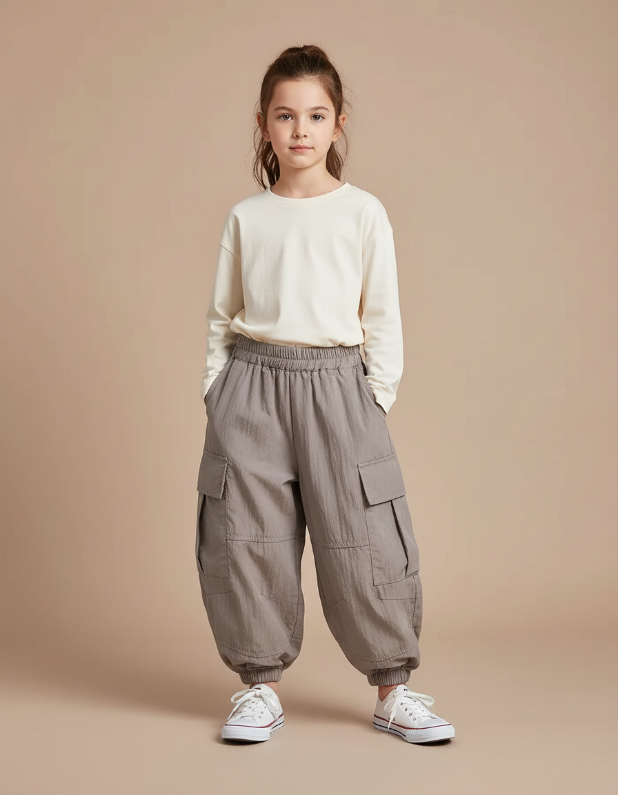 Pantalon Cargo Gris Ample Coton Enfant Poches - Polyester