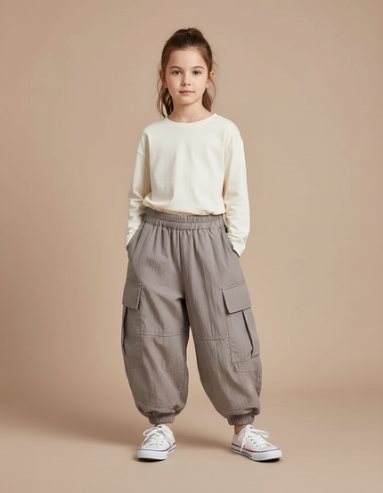 Pantalon Cargo Gris Ample Coton Enfant Poches - Polyester