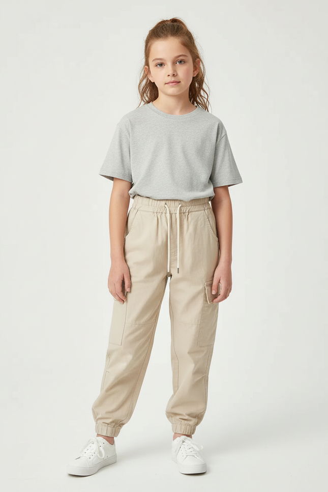 Pantalon Cargo Beige Ample Cordon Poches Enfant - Gabardine