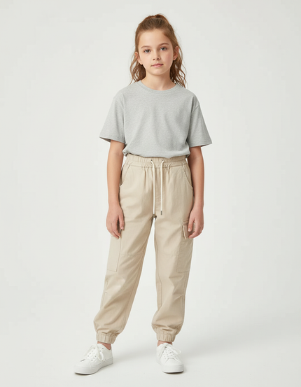 Pantalon Cargo Beige Ample Cordon Poches Enfant - Gabardine