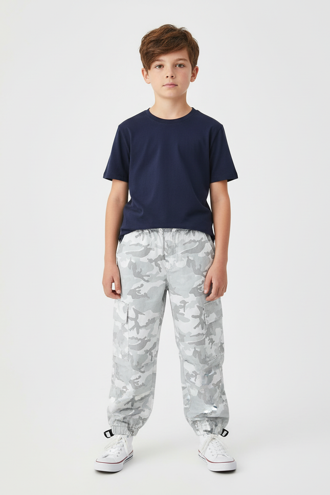 Pantalon Cargo Camouflage Gris Ample Garçon Streetwear - Toile