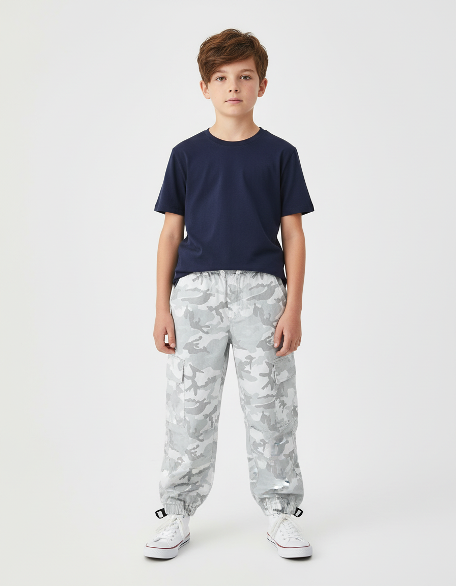 Pantalon Cargo Camouflage Gris Ample Garçon Streetwear - Toile