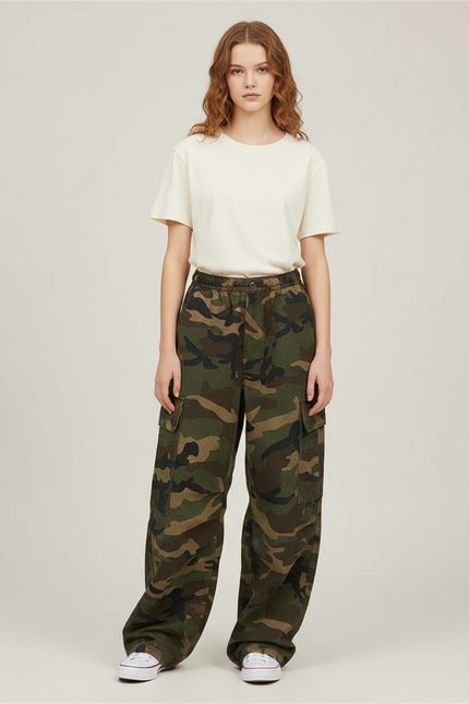 Pantalon Cargo Camouflage Ample Militaire Femme - Imprimé Toile