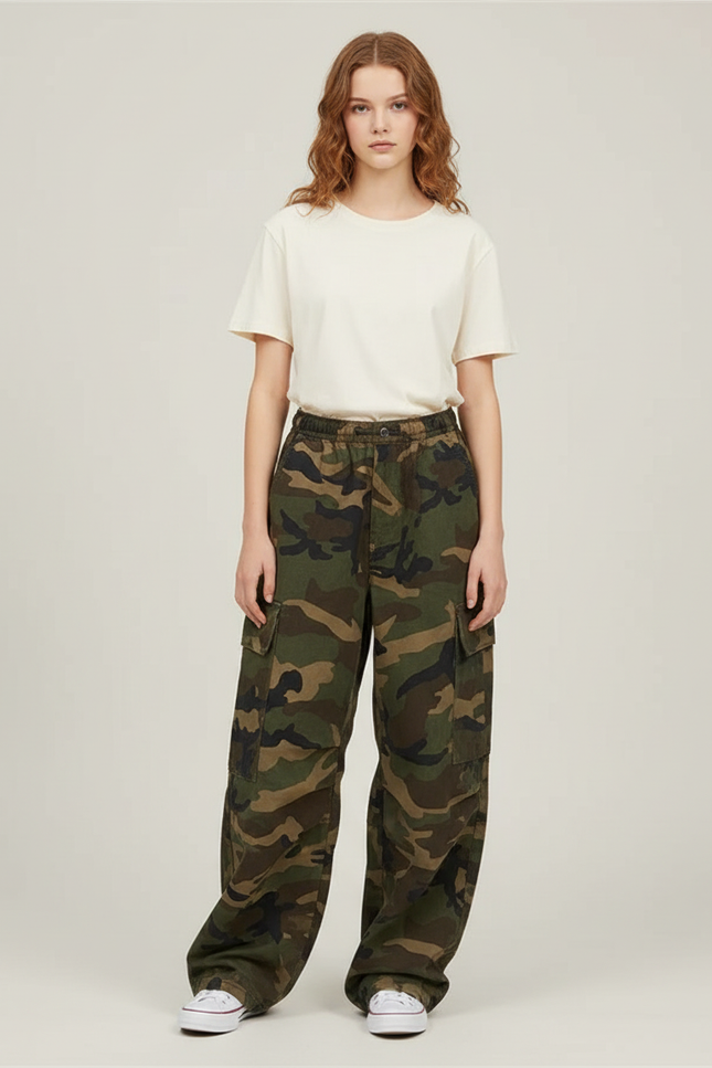 Pantalon Cargo Camouflage Ample Militaire Femme - Imprimé Toile