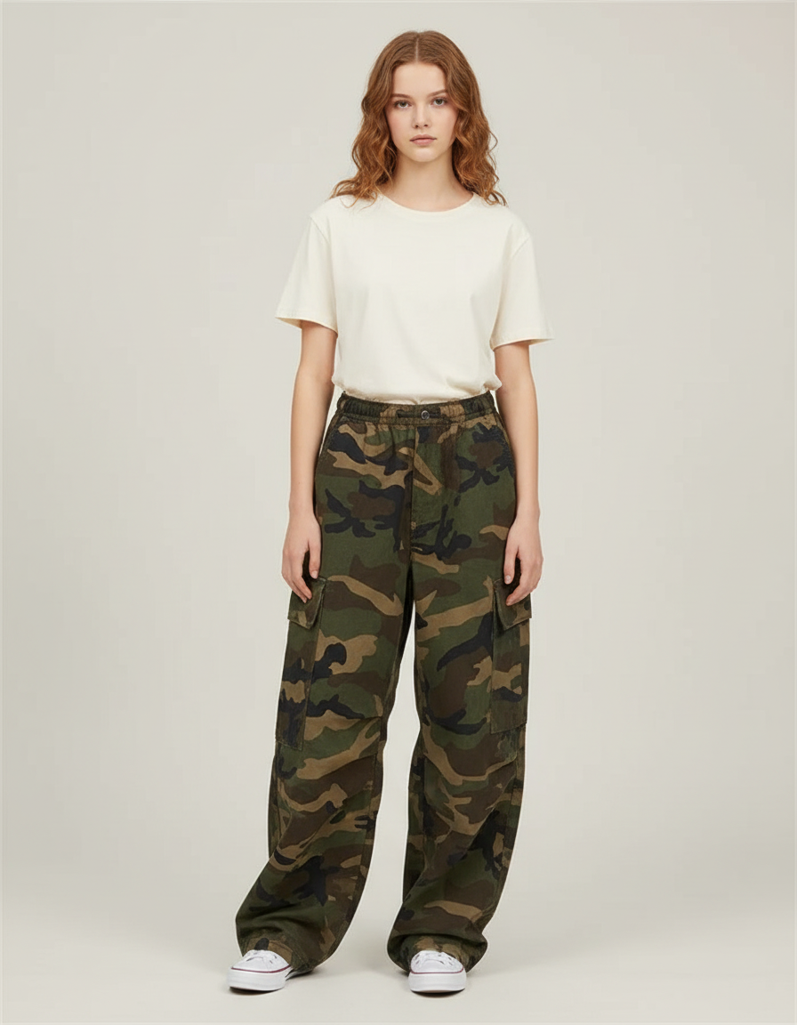 Pantalon Cargo Camouflage Ample Militaire Femme - Imprimé Toile