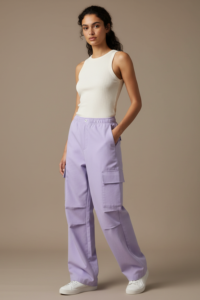 Pantalon Cargo Violet Ample Multi-Poches Décontracté - Toile