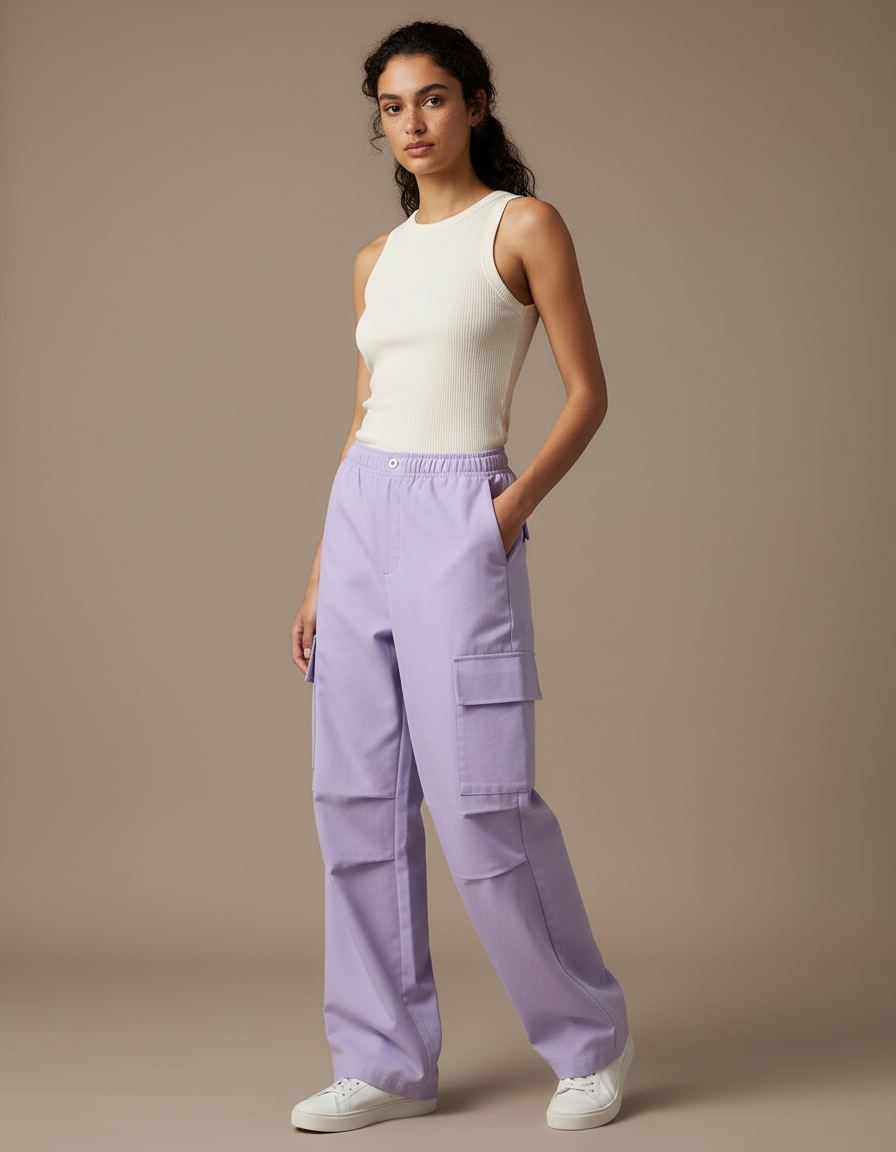Pantalon Cargo Violet Ample Multi-Poches Décontracté - Toile