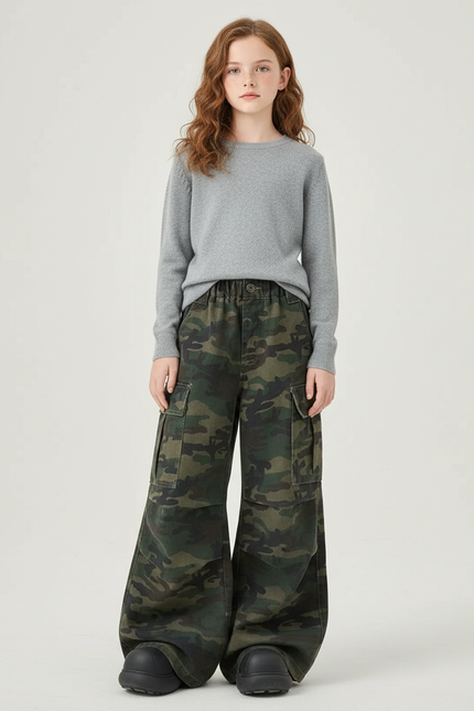 Pantalon Cargo Camouflage Ample Multipoches Coton Fille - Multicolore Toile