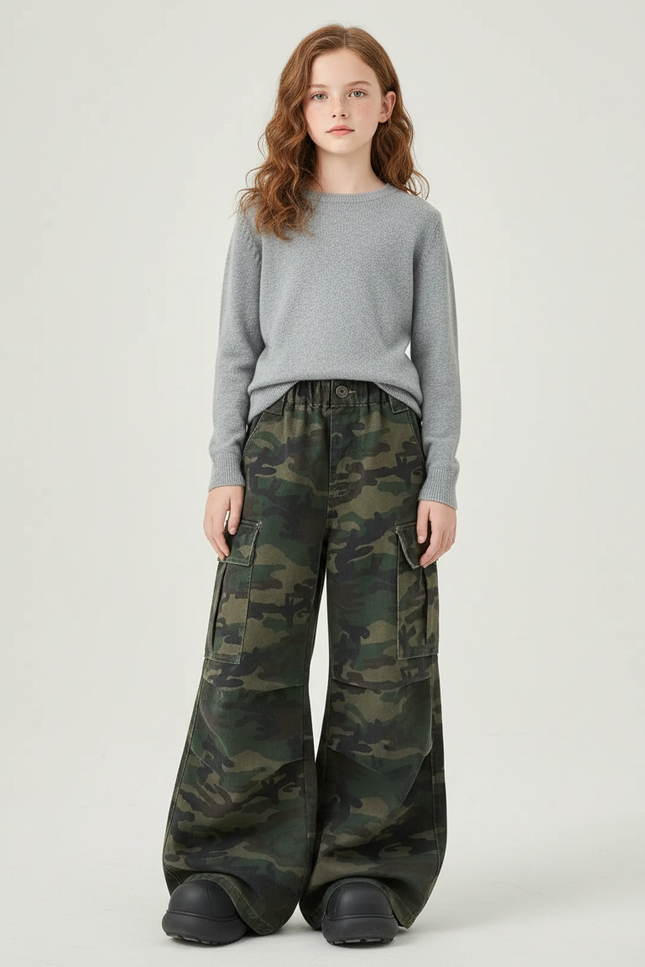 Pantalon Cargo Camouflage Ample Multipoches Coton Fille - Multicolore Toile