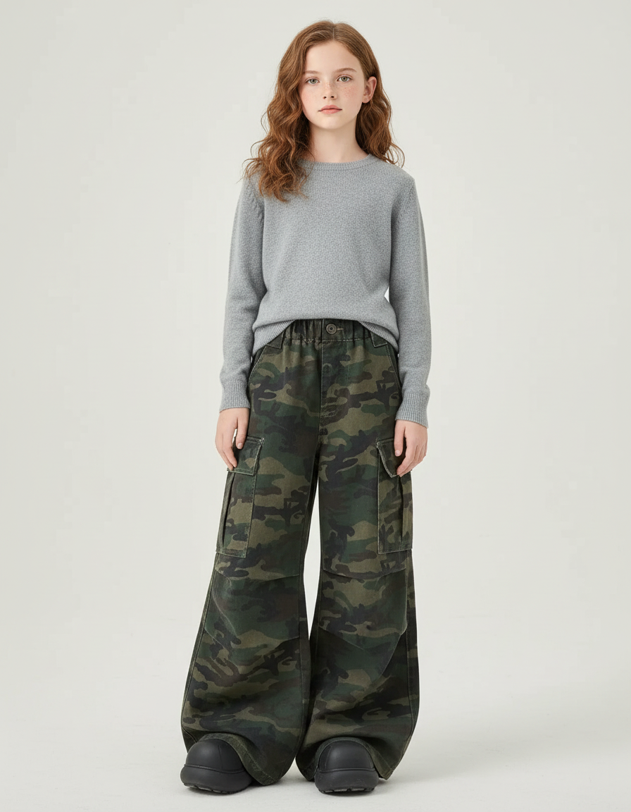 Pantalon Cargo Camouflage Ample Multipoches Coton Fille - Multicolore Toile